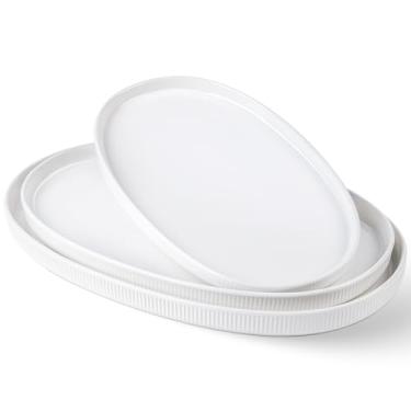 Imagem de theterra Travessa oval de cerâmica, 40 cm/36,6 cm/31 cm, segura para forno, segura para micro-ondas, conjunto de 3 pratos de servir para casamento, pratos de grés para entretenimento e festa, branco