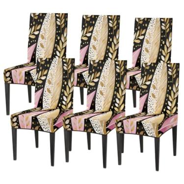 Imagem de Conjunto de 6 capas elásticas para cadeira de sala de jantar, capa protetora de assento de cadeira, retrô, plumas, flores, removíveis, laváveis, para cozinha, casa, hotel, banquete, festa de casamento