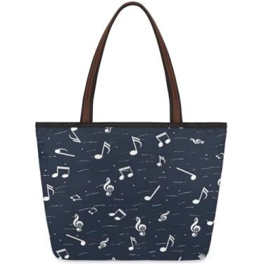 Imagem de Sacola grande feminina com estampa de notas musicais, azul, bolsa de tecido de trabalho com zíper, reutilizável, bolsa de mão casual, para viagem, trabalho, férias, praia, compras, academia, presentes