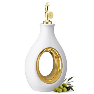 Imagem de NiHome Dispensador de óleo de cerâmica de 500 ml com bico, garrafa de azeite de oliva e vinagre para cozinha, garrafa dispensadora de lava-louças para molho de soja, molho e outros líquidos (branco +