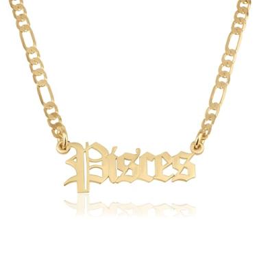 Imagem de Colar com nome do zodíaco para mulheres – placa de identificação gótica em inglês antigo na corrente Fígaro – 12 signos de astrologia e horóscopo, Medium, Banhado a ouro, Sem Pedra Preciosa