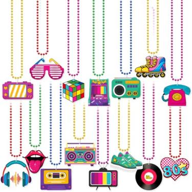Imagem de Apol 15 peças, colar de contas neon dos anos 80, decoração de festa retrô dos anos 80, colar longo, fita de rádio, patins, acessórios para discos para tema dos anos 1980, rock, hippie, discoteca, néon