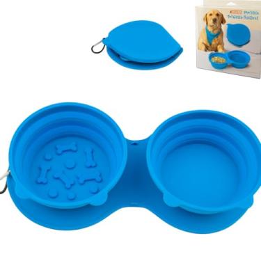 Imagem de Comedouro Duplo de Silicone Dobrável para Ração e Água Cães e Gatos 36x18x5,5 cm. Material Premium Livre de BPA (Azul)