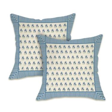 Imagem de Fahrendom Conjunto de 2 capas de almofada decorativas florais azuis 45,7 x 45,7 cm, borda listrada de flores costeiras, varanda e pátio, capa de almofada para sofá, primavera, verão, decoração de casa