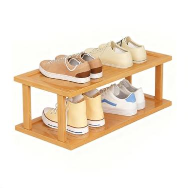 Imagem de SPXMQSS Sapateira de bambu, sapateira vertical para pequenos espaços, sapateira de pé livre para armário, entrada, canto, garagem e quarto, empilhável gratuitamente, 2 níveis 47 x 23 x 20 cm