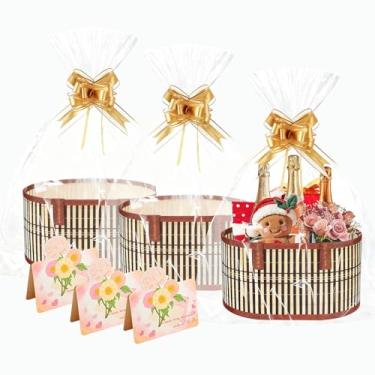 Imagem de Conjunto de 3 cestas de presente vazias grandes para presentes, cesta de presente vazia dobrável com alça para batismos de bebês, dia das mães, Natal, inauguração de casa