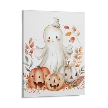 Imagem de HouLaiZhe Pôster de Halloween com estampa de arte de parede em tela de abóbora fantasma fofo decoração de parede gótica para sala de estar quarto 11 x 14 polegadas (28 x 35 cm)