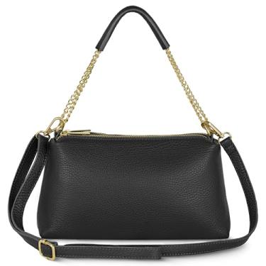 Imagem de TAKEASY Bolsa feminina de couro de bezerro italiano com 2 compartimentos com zíper | Bolsa de ombro com alça para uso diário, Preto, Small, Bolsa retangular estruturada com vários compartimentos com