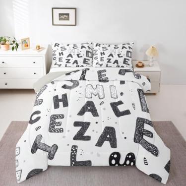 Imagem de Feelyou Conjunto de edredom infantil com letras desenhadas à mão, com estampa de letras, para quarto de crianças, meninos, meninas, design de alfabeto, preto, branco, ultramacio, respirável