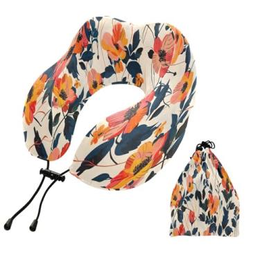 Imagem de CEBUGI Travesseiros de viagem portáteis em forma de U, travesseiro de pescoço de espuma viscoelástica com trava de corda ajustável para avião, viagem, trem, negócios, escritório, soneca (flores)