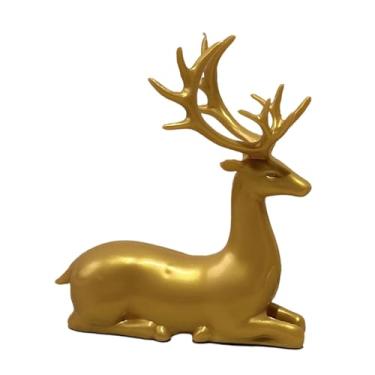 Imagem de predolo Estátua de Alce Artesanal Nórdica Moderna Escultura de Rena Escultura de Animal para Decoração de Sala de Jantar, Armário, Bar ou Estante, Ouro Sentado