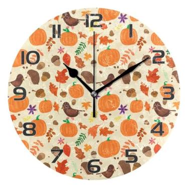 Imagem de YETTASBIN Relógio de parede com elementos de outono, silencioso, sem tique-taque, operado por bateria, relógio redondo decorativo criativo para cozinha, sala de estar, banheiro, decoração de