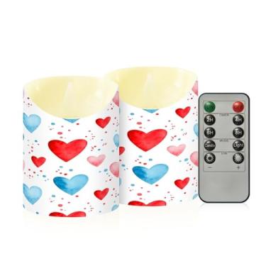 Imagem de Wassud Pacote com 2 velas de corações vermelhos azuis sem chama com controle remoto, velas realistas cintilantes com temporizador, velas decorativas para Natal, casamento, festa, decoração de casa