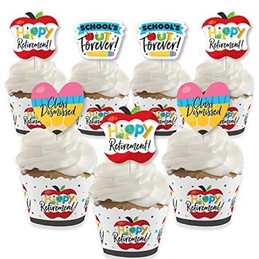 Imagem de Big Dot of Happiness Teacher Retirement – Decoração de cupcake – Kit de embalagens de cupcake para festa de aposentadoria feliz e palitos de petisco – Conjunto com 24