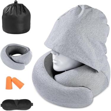 Imagem de Almofada de apoio para o pescoço em formato de U com capuz, ideal para viagens de avião e uso em carro. (Cinza)