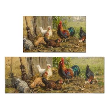 Imagem de QXWREL Tapetes de cozinha para chão, conjuntos de 2 peças, tapetes de cozinha de fazenda, antiderrapante, lavável, tapete absorvente de galo e tapete de corredor para decoração de corredor interno 43