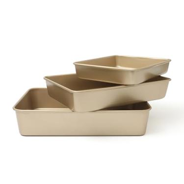 Imagem de Martha Stewart Conjunto de 3 folhas de biscoito Gallen – Assadeiras de 33 cm, 38 cm, 43 cm, cerâmica antiaderente, sem PFA, aço carbono, champanhe – Seguro para forno a 232 °C, resistente a