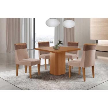 Imagem de Sala Jantar Mesa Maldivas Tampo Curvo 90cm+4 Cadeiras Jaspe Madeira Naturale - Capuccino/Suede Capuccino - Rufato