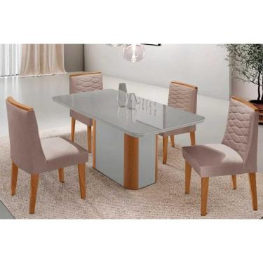 Imagem de Sala Jantar Mesa Pietá Tampo c/ Vidro Curvo 120cm+4 Cadeiras Maldivas Naturale/Off White - Linho Capuccino - Rufato