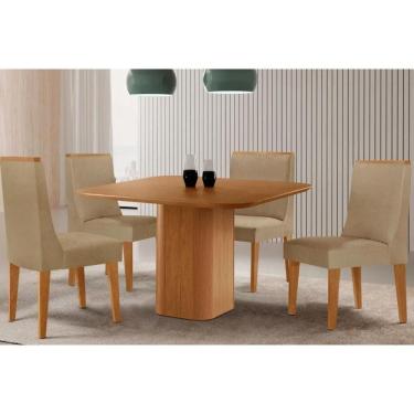 Imagem de Sala Jantar Mesa Maldivas Tampo Curvo 90cm+4 Cadeiras Dakota Madeira Naturale - Capuccino/Linho Bege - Rufato