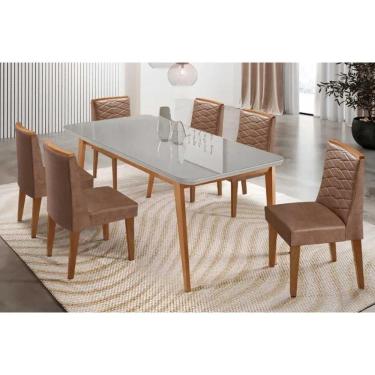 Imagem de Sala Jantar Mesa Havana Tampo c/ Vidro Curvo 180cm+6 Cadeiras Maldivas Madeira Naturale/Off White - Capuccino/Corano Capuccino - Rufato