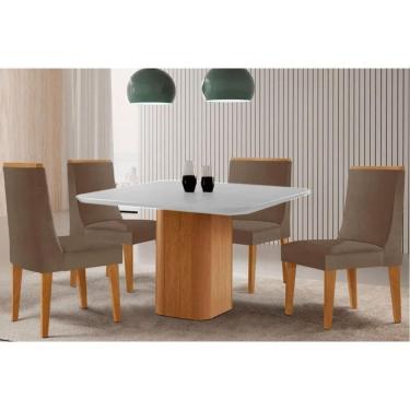 Imagem de Sala Jantar Mesa Maldivas Tampo c/ Vidro Curvo 90cm+4 Cadeiras Dakota Madeira Naturale/Off White - Capuccino/Suede Capuccino - Rufato