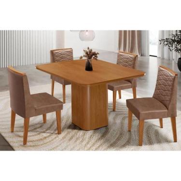 Imagem de Sala Jantar Mesa Maldivas Tampo Curvo 90cm+4 Cadeiras Maldivas Madeira Naturale - Capuccino/Corano Capuccino - Rufato