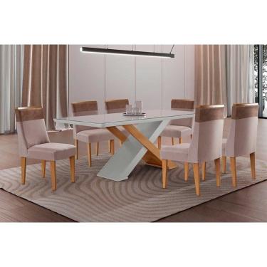 Imagem de Sala Jantar Mesa Imperatriz Tampo c/ Vidro Curvo 180cm+6 Cadeiras Jaspe Madeira Naturale/Off White - Capuccino/Linho Capuccino - Rufato