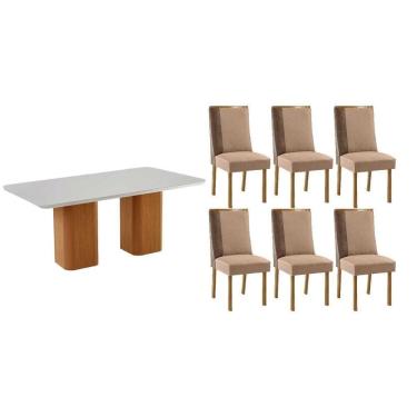 Imagem de Sala Jantar Mesa Maldivas Tampo c/ Vidro Curvo 180cm+6 Cadeiras Tilia Madeira Naturale/Off White - Capuccino/Linho Capuccino - Rufato