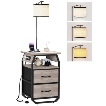 Imagem de runjuly Luminária de chão com mesa, mesas de canto com lâmpadas anexadas, lâmpada de temperatura de 3 cores, mesa lateral com lâmpada com 2 gavetas e carregamento, conjunto de lâmpadas para quarto