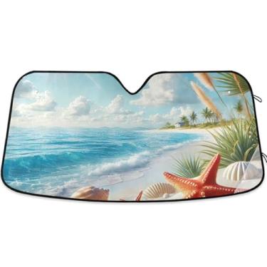 Imagem de Guarda-sol personalizado com concha costeira estrela do mar para para-brisa de carro capa de para-brisa automotiva animal dobrável engraçado protetor solar M, 139,7 cm x 70,1 cm