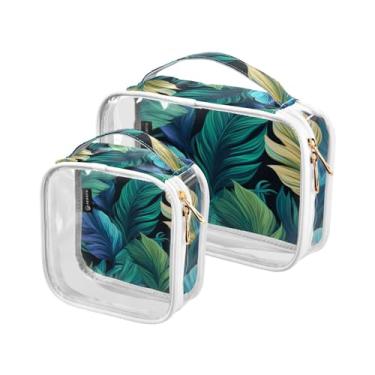Imagem de GAIGEO Conjunto de bolsas de cosméticos transparentes de Natal com sinos, bolsa de cosméticos transparente de PVC, bolsa de viagem de higiene pessoal, pacote com 2, Folhas tropicais coloridas - 4, one