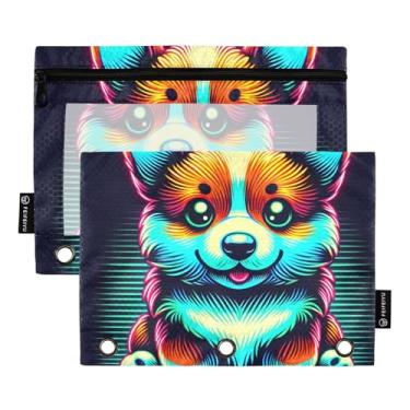 Imagem de GAIGEO Neon Corgi Bolsa de lápis para cães com 3 anéis de fichário com zíper bolsas macias para fichários escolares transparentes bolsos para sala de aula 25 x 18 cm, 2 pacotes
