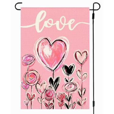 Imagem de RABUSOFA Bandeira de jardim de dia dos namorados 30,5 x 45,7 cm dupla face externa, corações de amor floral bem-vindo rústico aniversário bandeira exterior (07) (rosa, tamanho do jardim: 30,5 x 45,7