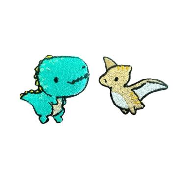 Imagem de TH Conjunto de 2 minúsculos. Mini dinossauro tiranossauro pterossauro bonito logotipo de desenho animado 14 adesivos costurados ferro em aplique bordado emblema emblema emblema traje vestuário