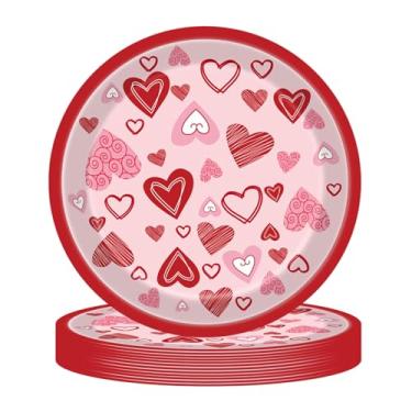 Imagem de Pratos de papel coração de dia dos namorados, vermelho, rosa, descartável, louça, sobremesa, conjunto de pratos de jantar para aniversário de casamento, serve 24