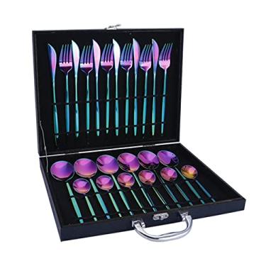 Imagem de Conjunto de Talheres Aço Inoxidável com 24 Peças para Cozinha Facas Colheres Caixa Presente Jantar Minimalista Casa Festa Restaurante Fácil Limpar Est