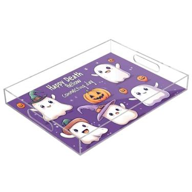 Imagem de xigua Bandeja de servir de acrílico fantasma de Halloween com alças à prova de derramamento, bandejas decorativas de festa de Halloween, bandeja organizadora de bancada para banheiro, cozinha, 30,5 x