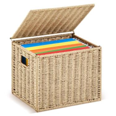 Imagem de Jingmore 26 organizadores de caixa de arquivos de papel e pastas de arquivo suspensas, organizadores de caixa de documentos dobráveis tamanho carta pendurada com tampa, cesta de tecido, armazenamento