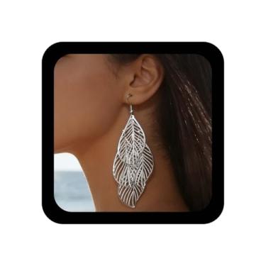 Imagem de Iaceble Brinco Boho com pingente de folha em camadas, leve, filigrana, lustre, pingente, ouro, filigrana, folha, borla, brincos vinatge em camadas, joias femininas, Zinco, Sem pedra preciosa