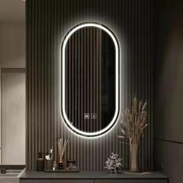 Imagem de Espelho de banheiro iluminado com luzes LED tricoloridas, espelho de parede com demarcador, espelho de maquiagem com interruptor de toque, infinitamente regulável, para sala de estar, quarto, entrada