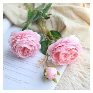 Imagem de KEG801302 Buquê de flores falsas simulação de rosas seda artificial 3 cabeças peônia buquê de noiva arranjo de flores rosa festa casa decoração de casamento (rosa)