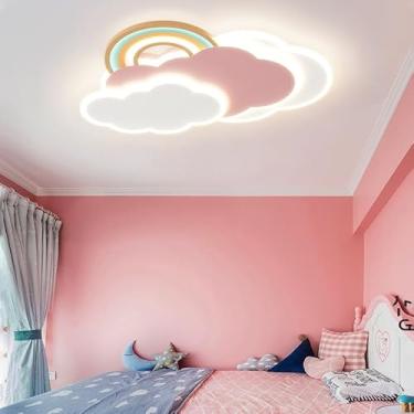 Imagem de Luminária de teto LED criativa e dimerizável de 53W com design de nuvem rosa em acrílico, controle remoto, ideal para decoração de quartos infantis, salas de estar, escritórios e outros ambi