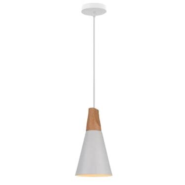 Imagem de Luminária pendente minimalista de 5,5" para ilha de cozinha, em alumínio e madeira, com design geométrico cônico. Lustre de uma única lâmpada para sala de jantar, hall de entrada, corredor,