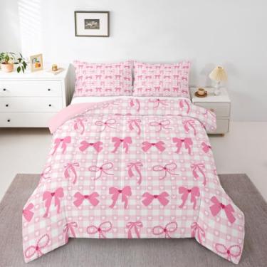 Imagem de Feelyou Conjunto de cama com laço rosa, macio, para meninos e meninas, estampa de coração, tamanho solteiro, desenho animado, frisado, edredom, fitas elegantes, decoração de quarto, xadrez guingão, 2