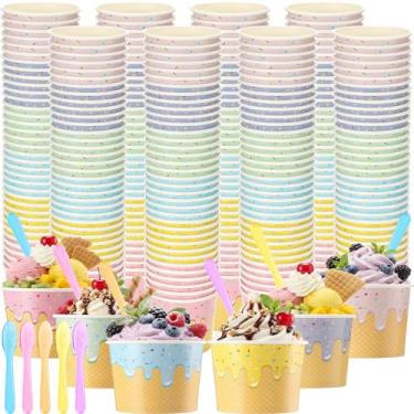 Imagem de Jingmore 120 peças de copos de sorvete de papel a granel com colheres tigelas descartáveis de sorvete de papel para sobremesa, lanche, sopa de iogurte, suprimentos de festa de verão (170 g)