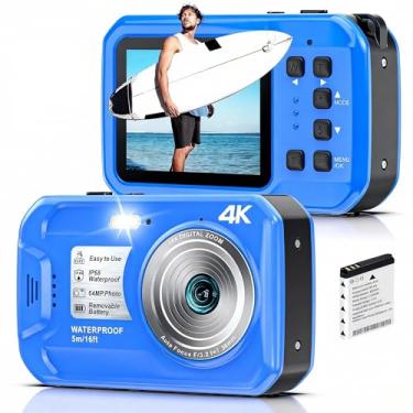 Imagem de Câmera subaquática 4K, câmera digital à prova d'água de 64 MP com cartão de 32 GB, câmera flutuante à prova d'água com tela IPS HD, zoom digital de 16x, luz de enchimento, para mergulho com snorkel
