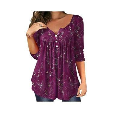 Imagem de Camiseta Feminina plus Size De Manga Comprida Com Estampa De Plantas E