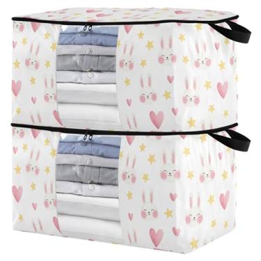 Imagem de Burbuja Bolsa de armazenamento de roupas de cabeça de coelho com tampas e alça, embalagem com 2 recipientes de armazenamento de cobertor dobrável com zíper resistente e janela transparente para