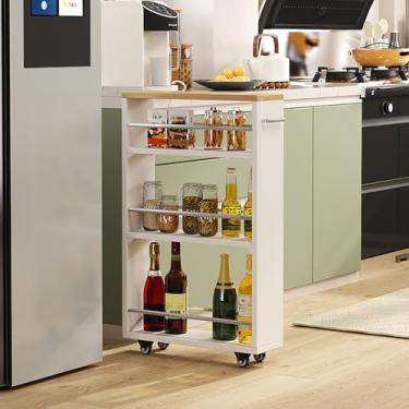 Imagem de Carrinho de armazenamento fino, prateleira de armazenamento independente de metal de madeira, prateleira móvel deslizante, para sala de estar, escritório em casa, quarto, varanda (cor de madeira, 25 x